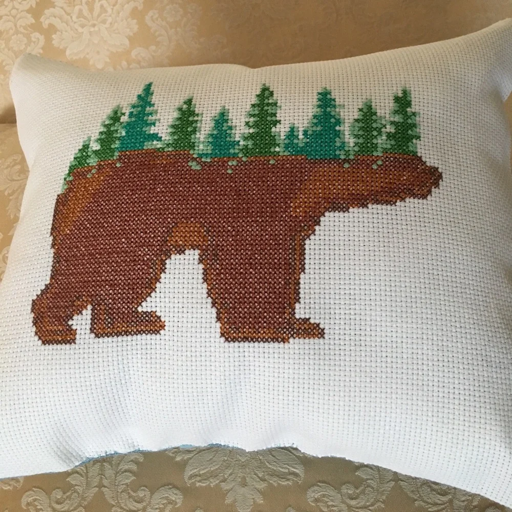 NEW handsewn bear & evergreen pillow cross stitch